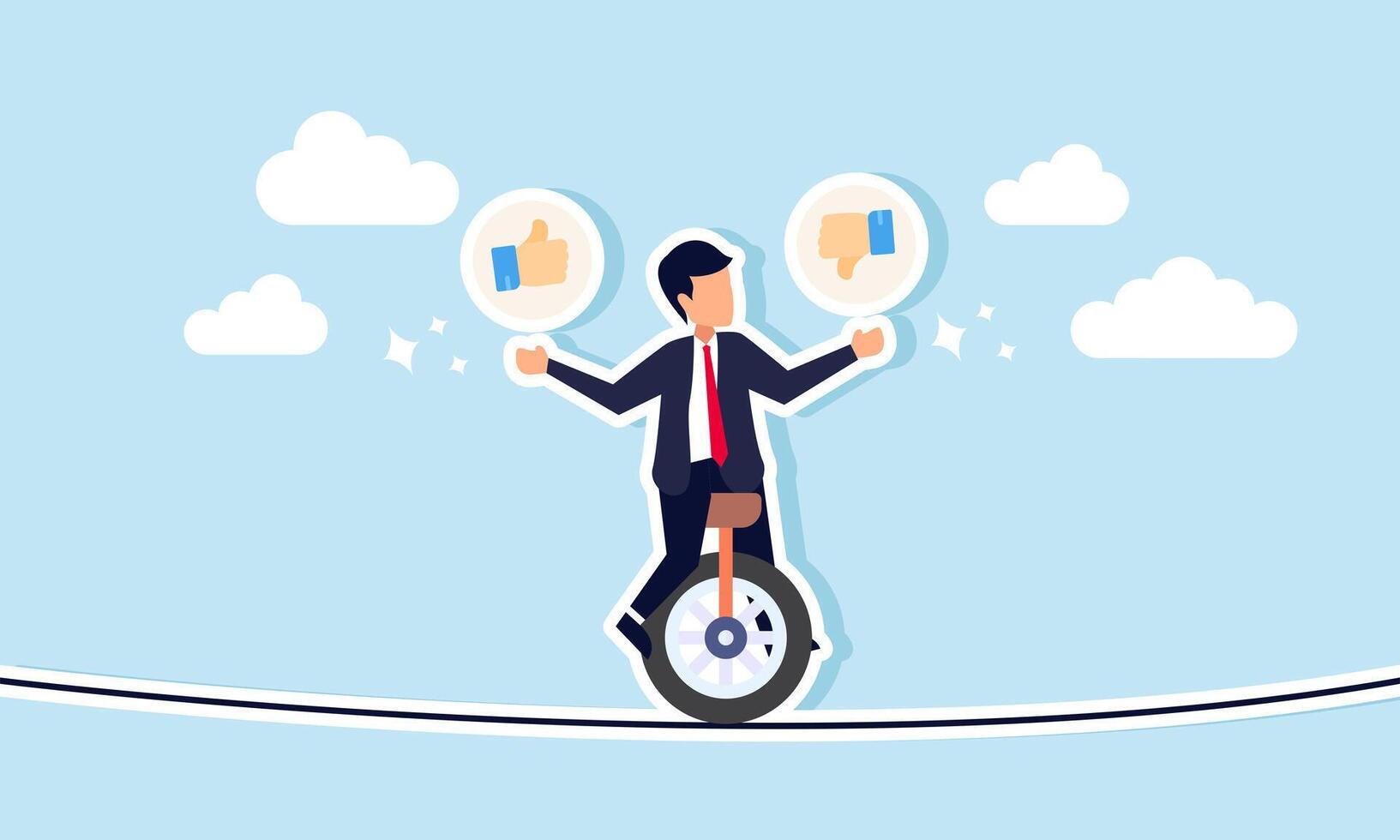 A businessman crosses a tightrope on a unicycle, holding thumbs-up on one side and thumbs-down on the other, illustrating crucial business decisions between agreement or disagreement vector