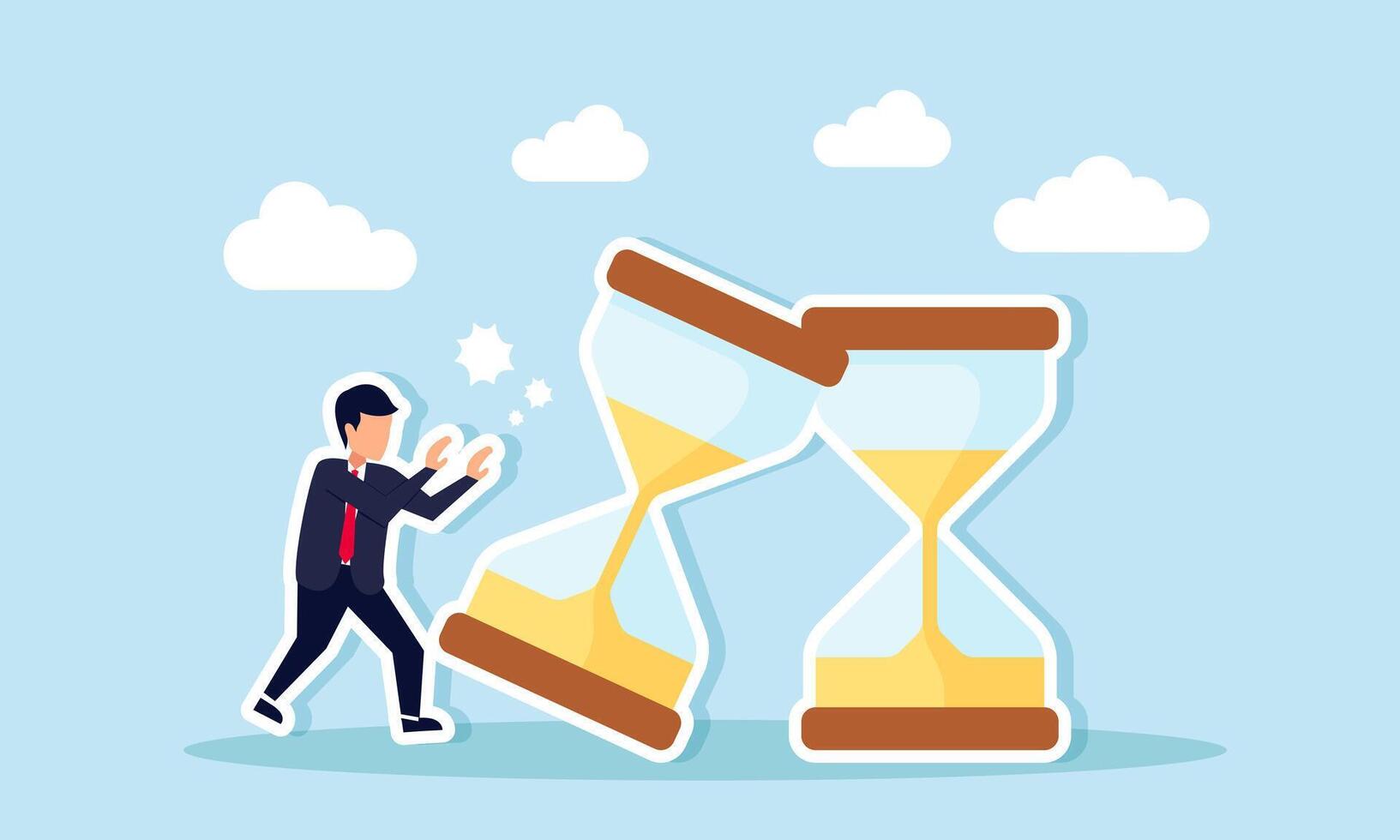 A businessman pushing a row of hourglasses, causing them to fall onto others, illustration of poor time management leading to overlapping project completion times vector