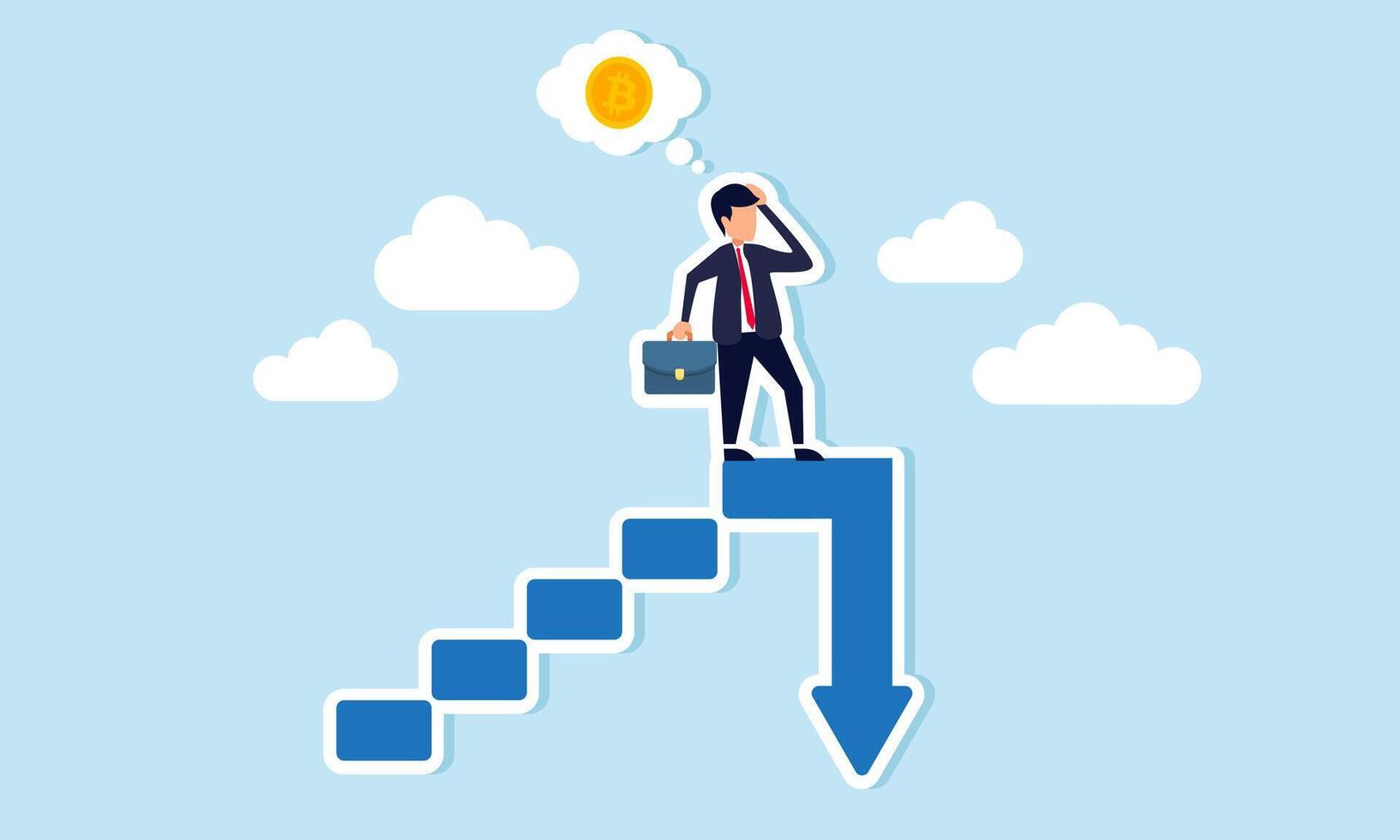 A businessman stands at the end of a staircase with a downward arrow, confused with a bitcoin, illustration of analyzing bitcoin investment performance with declining valuation vector