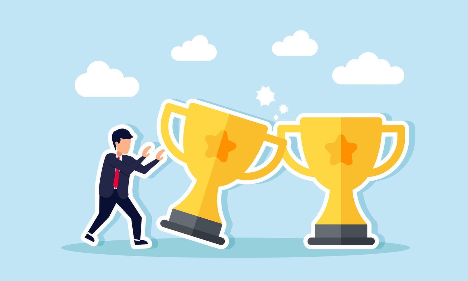 A businessman pushing a row of trophies until they fall and hit other trophies, illustration of poor business decisions leading to damaged or ruined business reputation vector