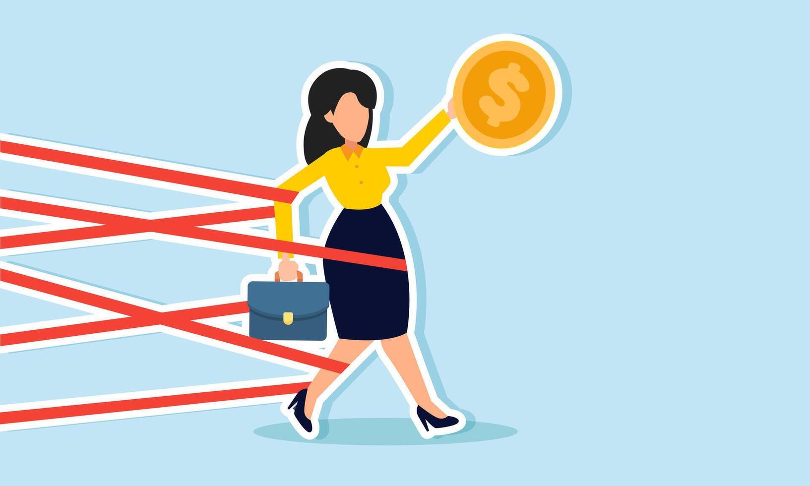 A businesswoman holding a dollar coin is tangled and trapped in ropes, illustration of mistakes in implementing investment strategies vector