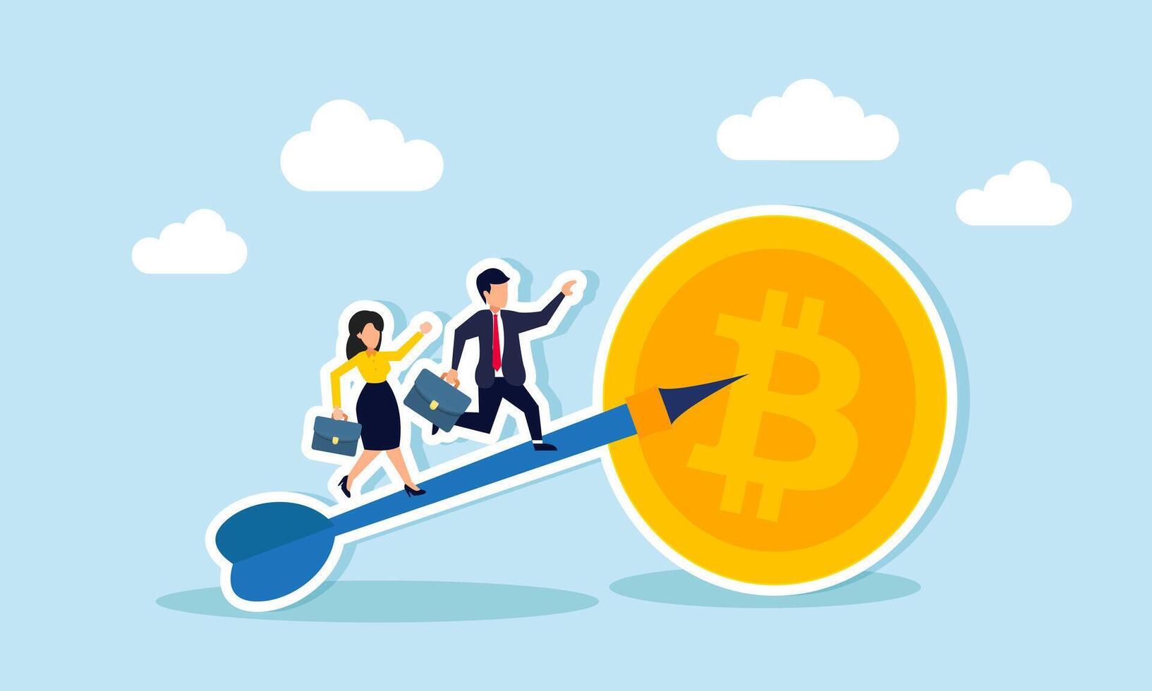A businessman and businesswoman climb an arrow pointing at bitcoin, illustration of competition in accumulating bitcoin assets vector