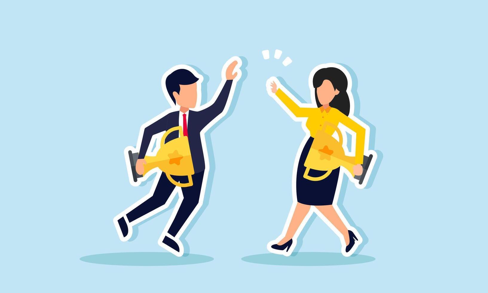 A businessman and a businesswoman clap together,, each holding a trophy, illustration of celebrating success in receiving an award for quality business vector