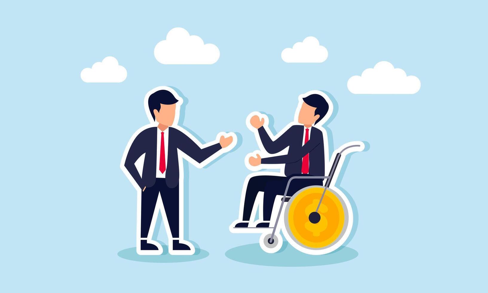 A businessman talks to another businessman in a wheelchair next to a dollar coin, illustration of sharing with others or mentors to find solutions for effective business investment methods vector