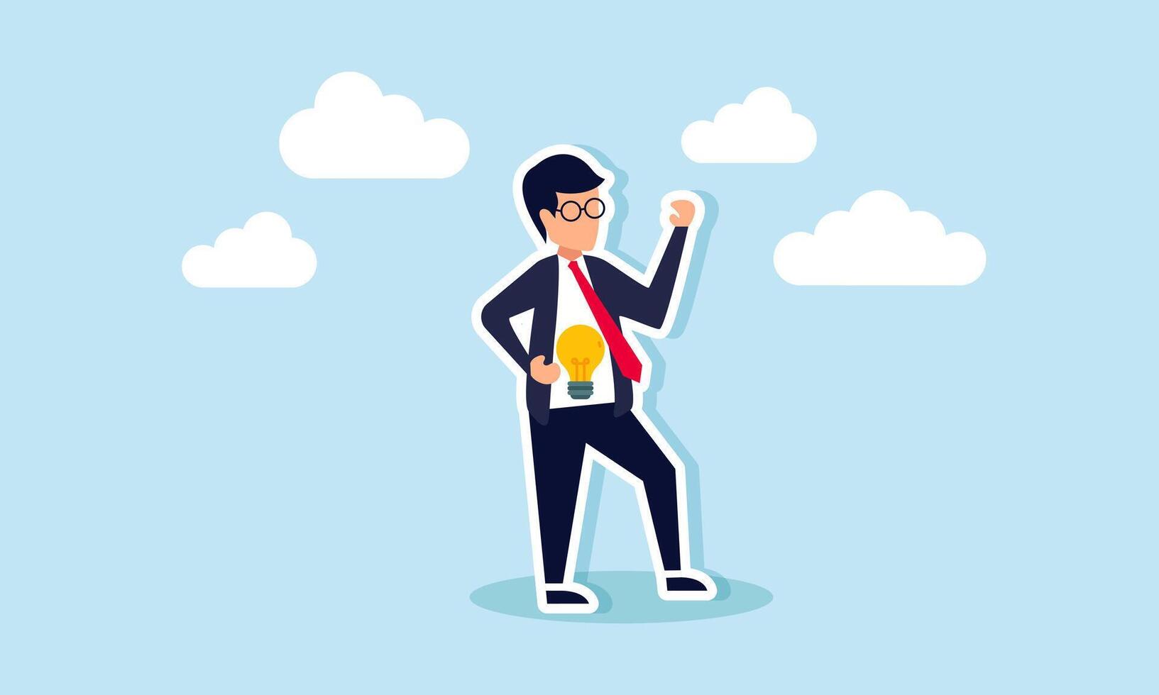 A businessman opens his suit, intending to present a lit lamp, illustration of presenting a business idea and innovation vector
