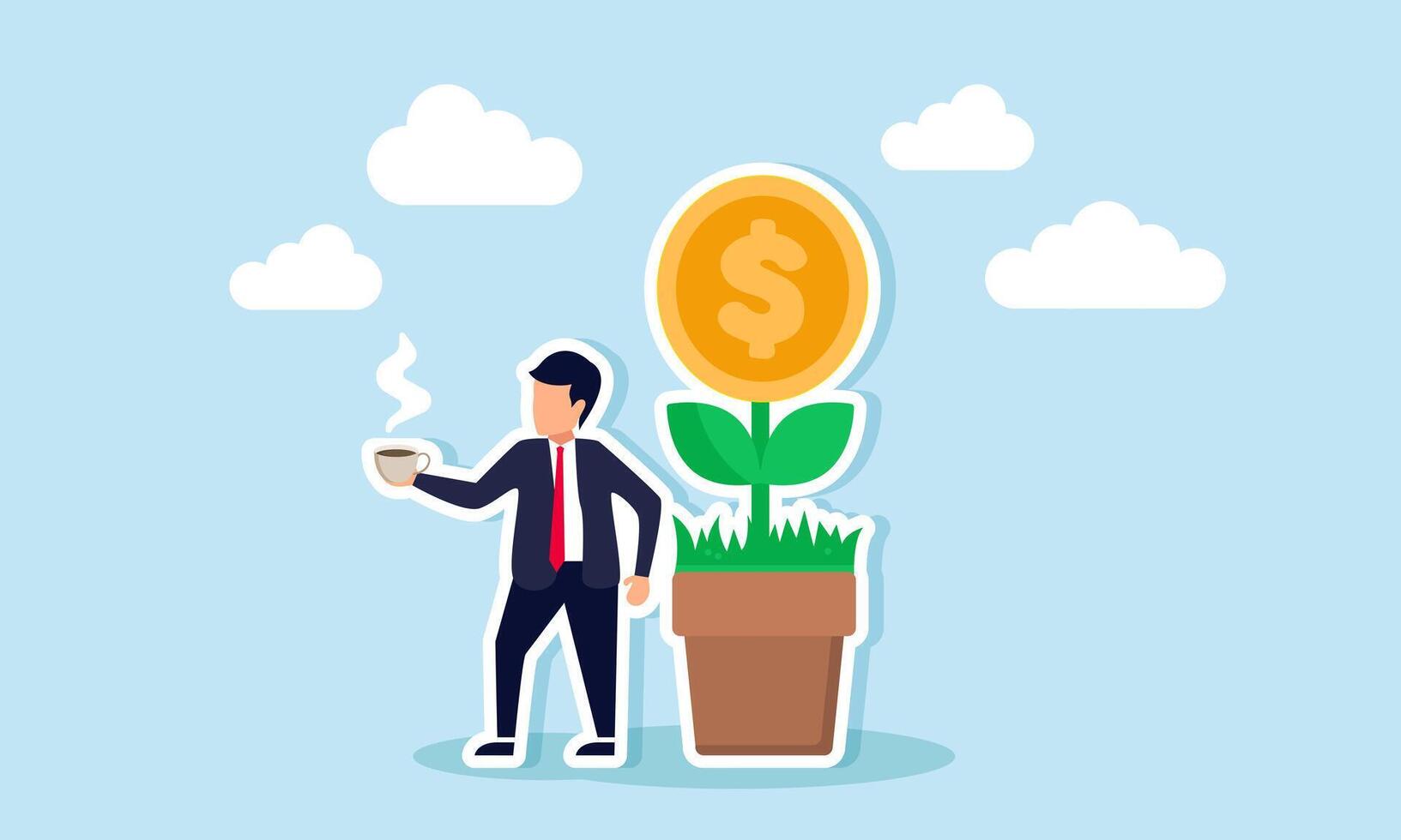 A businessman stands next to a dollar coin plant with his warm coffee, illustration of enjoying the results of growing and developing business investments vector