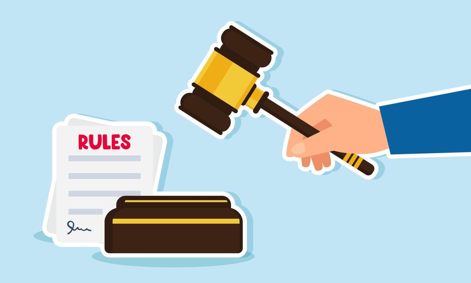 A hand holding a gavel about to strike next to a paper labeled rules, illustration of decisions on establishing rules applicable in business vector