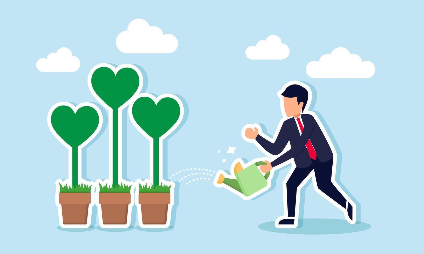 A businessman watering several heart plants, illustration of maintaining market engagement or customer loyalty vector