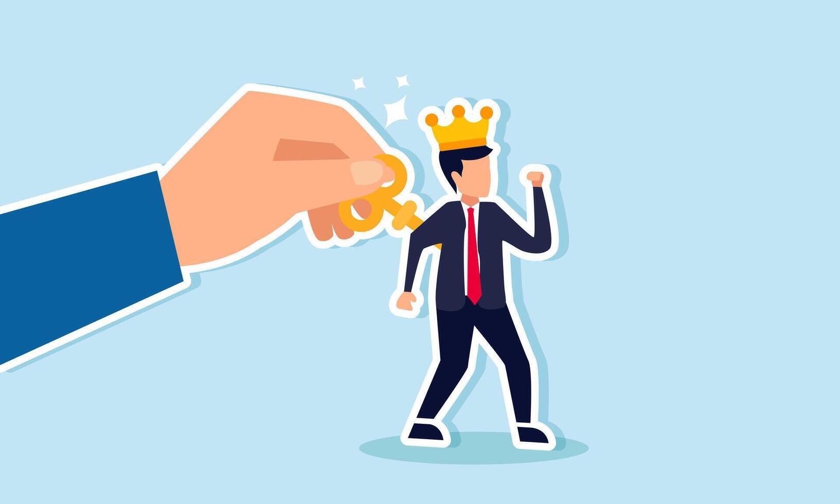 A hand is turning a key on the back of a businessman wearing a crown, illustrating the owner's policies executed and led directly by the director vector