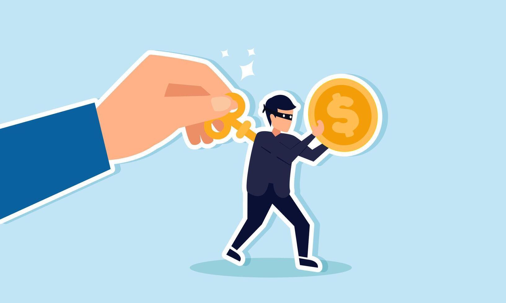 A hand is turning a key on the back of a thief carrying dollar coins, illustrating the actor behind business or corruption cases vector