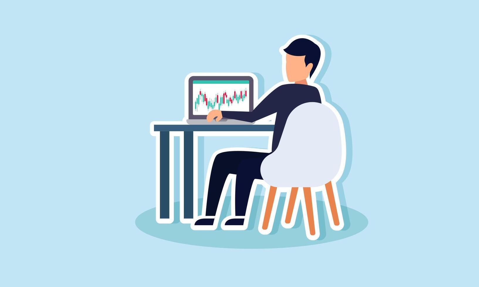 a businessman at a desk analyzing stock charts on a laptop, illustration of analyzing stock investment valuation movements vector