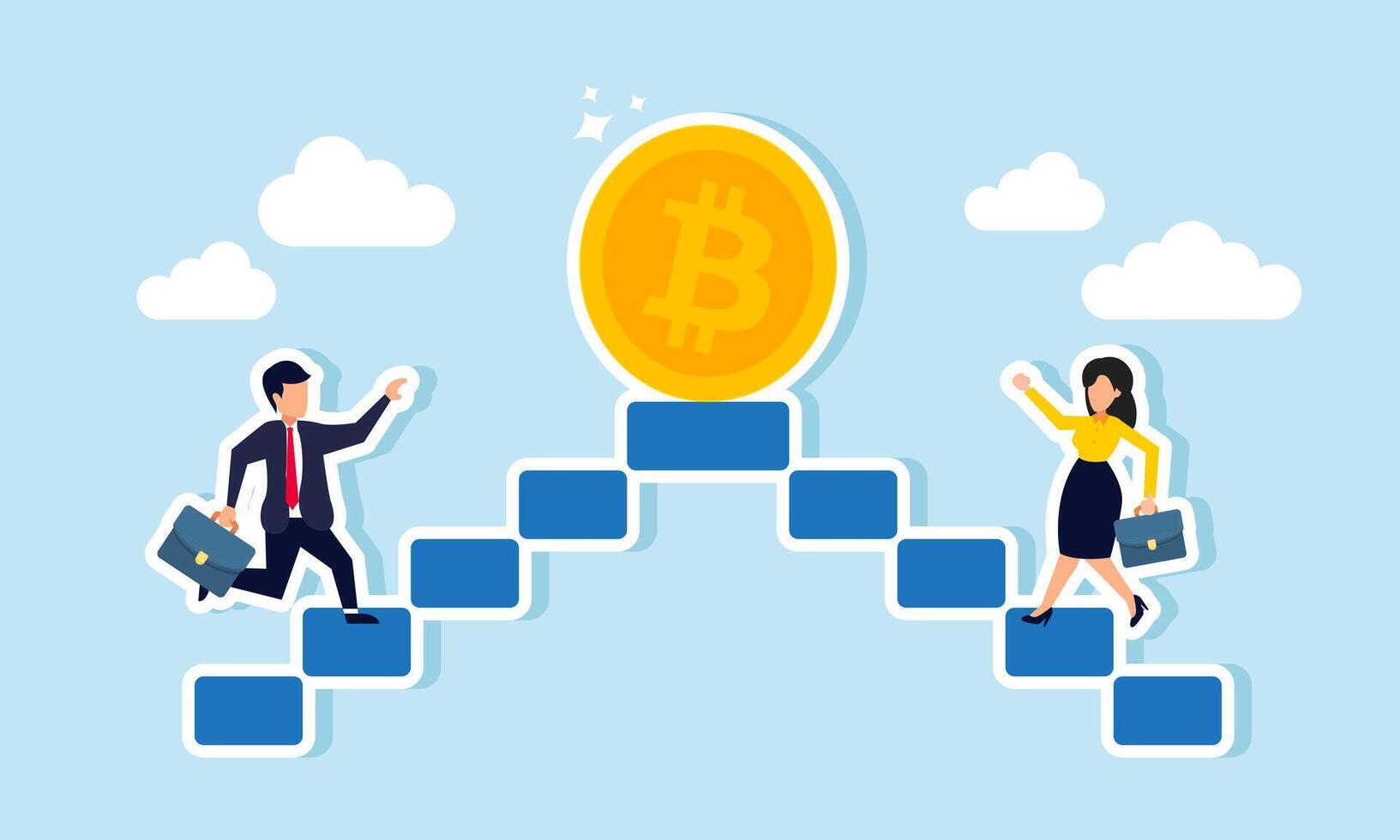 A businessman and businesswoman compete to reach the top of the ladder first to obtain bitcoin, illustrating the rivalry for bitcoin asset ownership vector