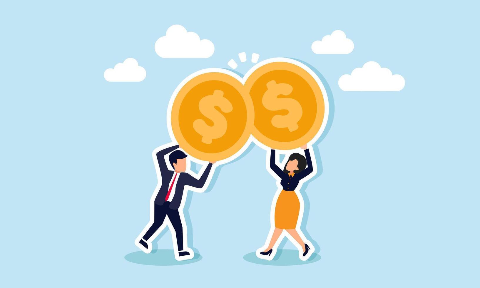 A businessman and businesswoman are clinking their dollar coins like a toast, illustrating a celebration of successful investment strategies in earning company dividends vector