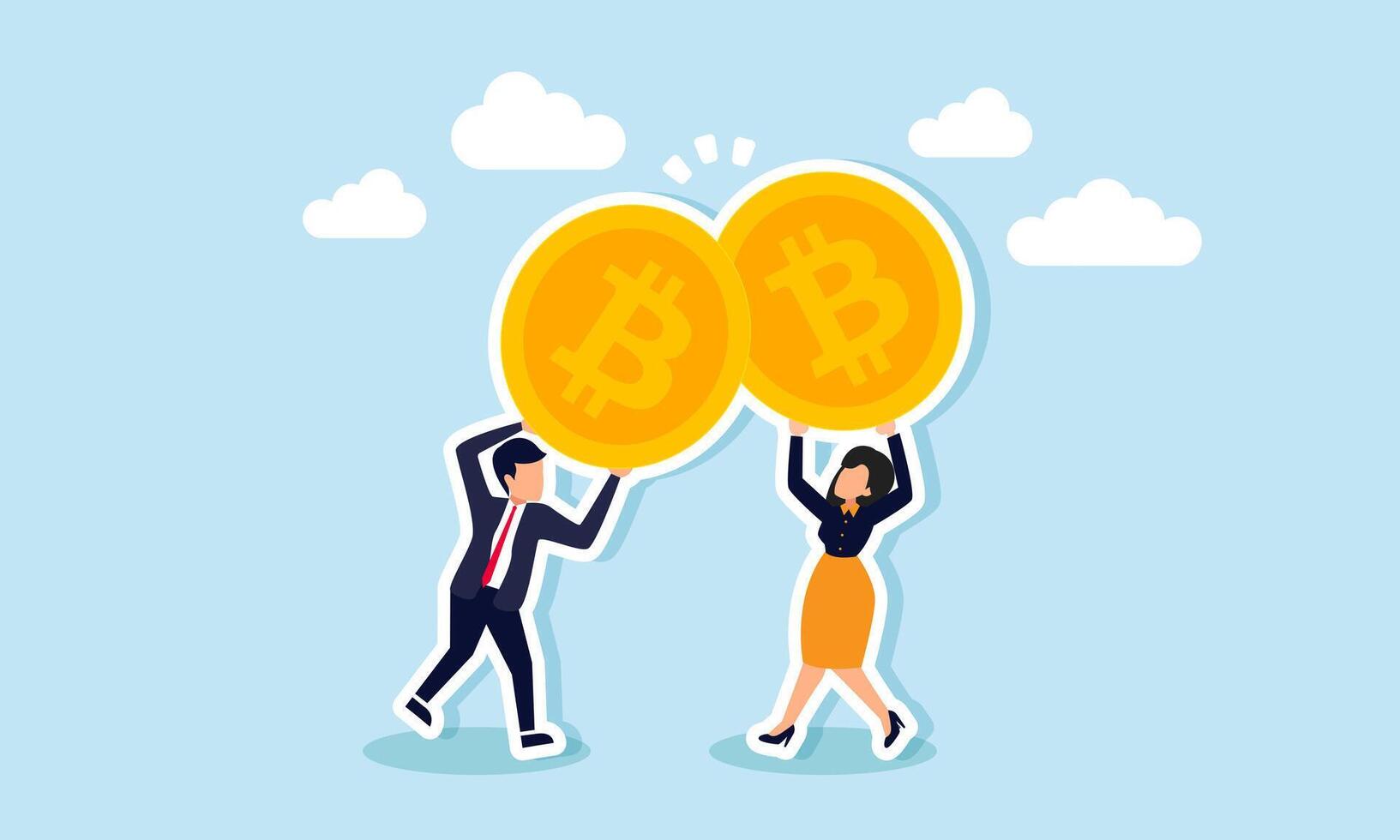 A businessman and businesswoman are clinking their bitcoins like a toast, illustrating a celebration of successful bitcoin investment strategies vector