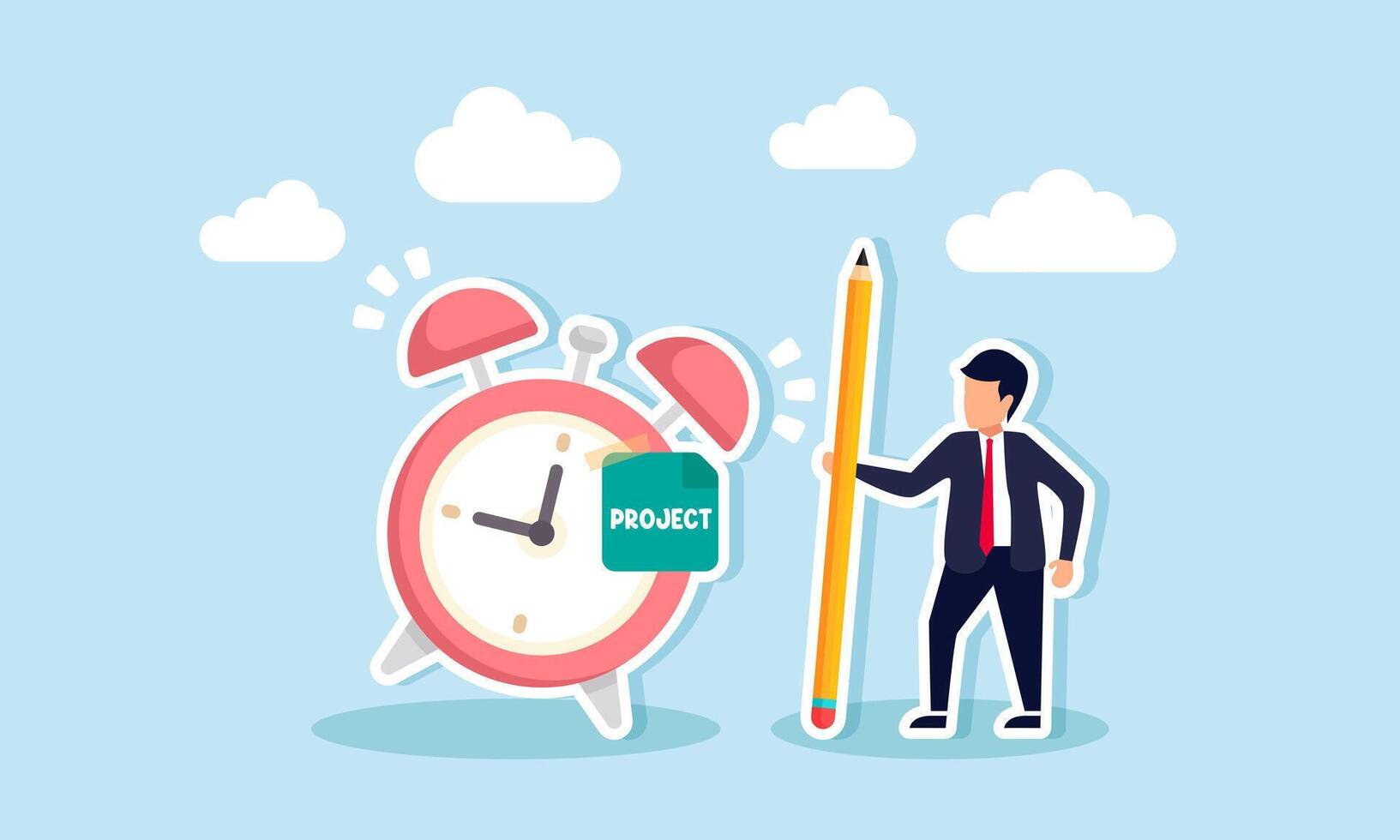 A businessman with a pencil is standing next to an alarm clock labeled