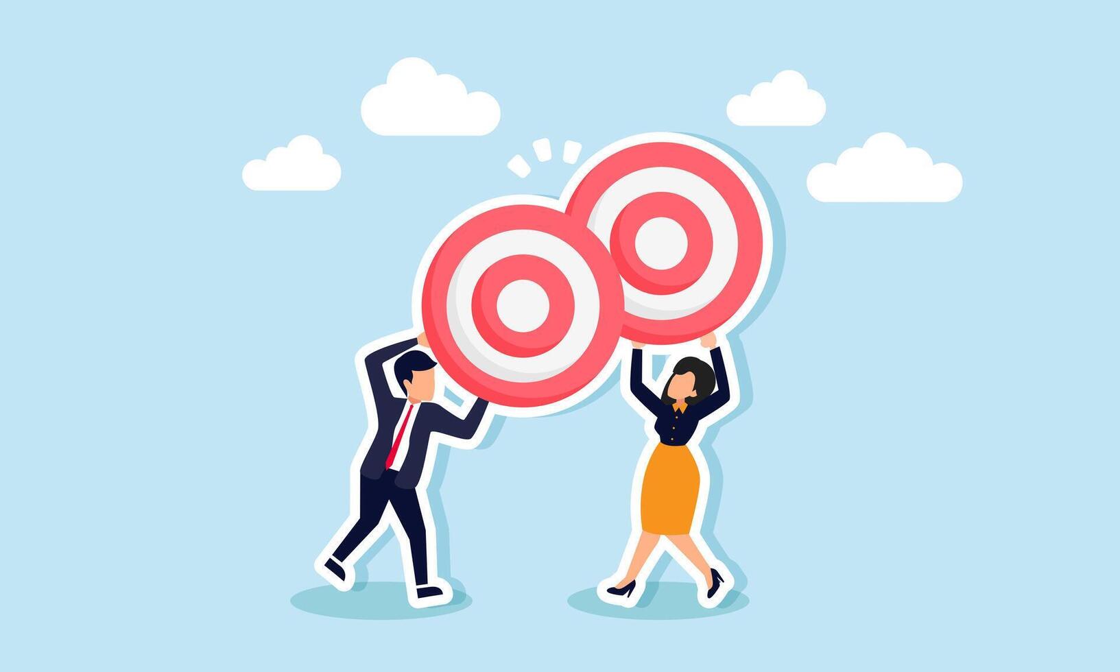A businessman and businesswoman are clinking their target boards like a toast, illustrating a celebration of successfully achieving business goals vector