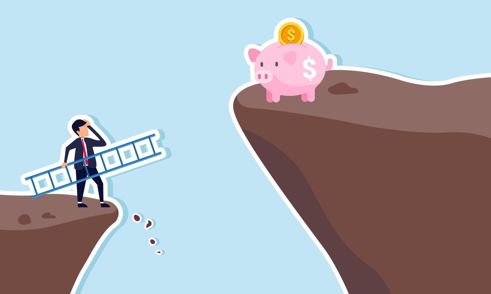 A businessman tries to rescue a piggy bank across a ravine using a ladder, illustrating the effort to save investment assets from loss vector