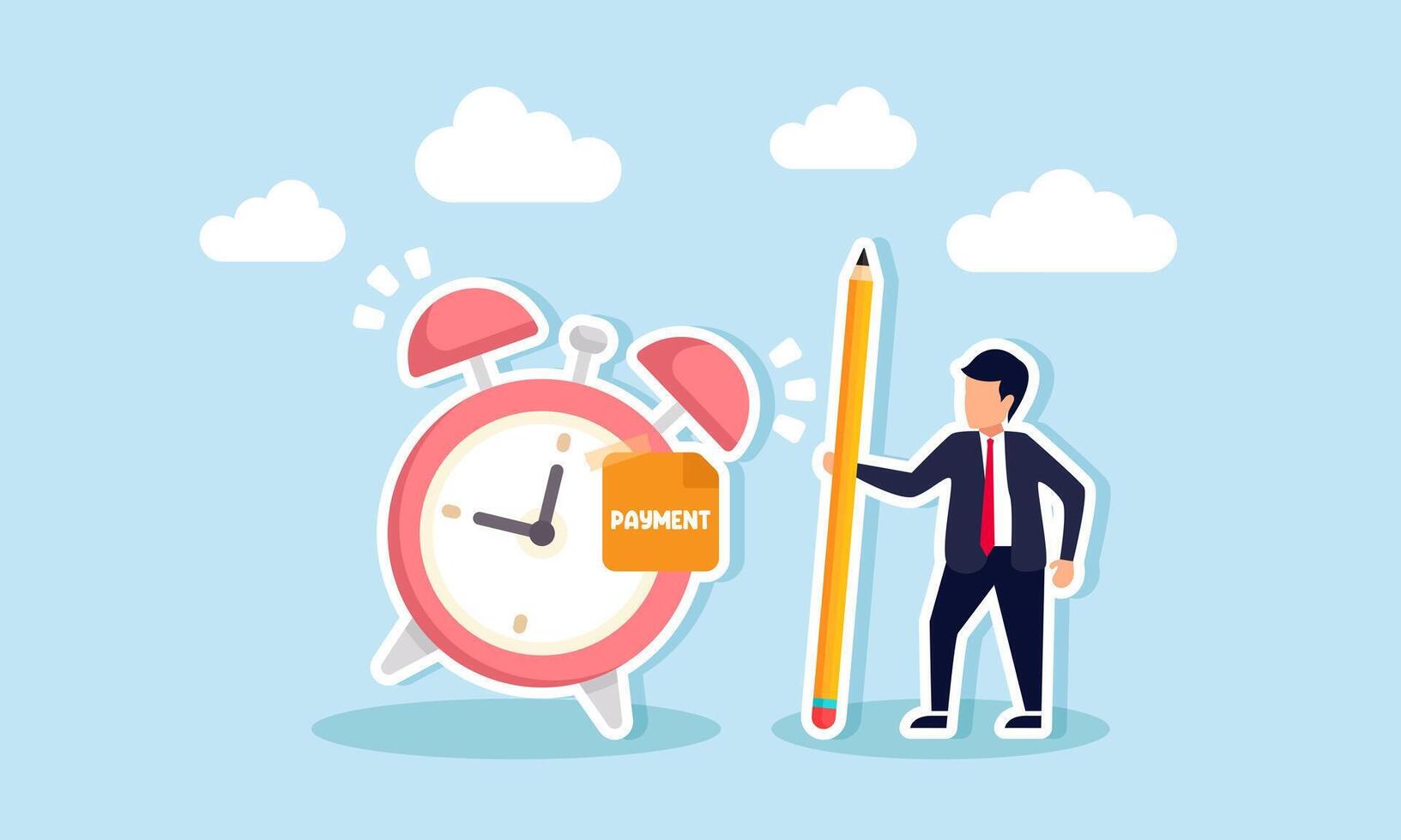 A businessman with a pencil is standing next to an alarm clock labeled PAYMENT, illustrating a reminder for the bill payment deadline vector