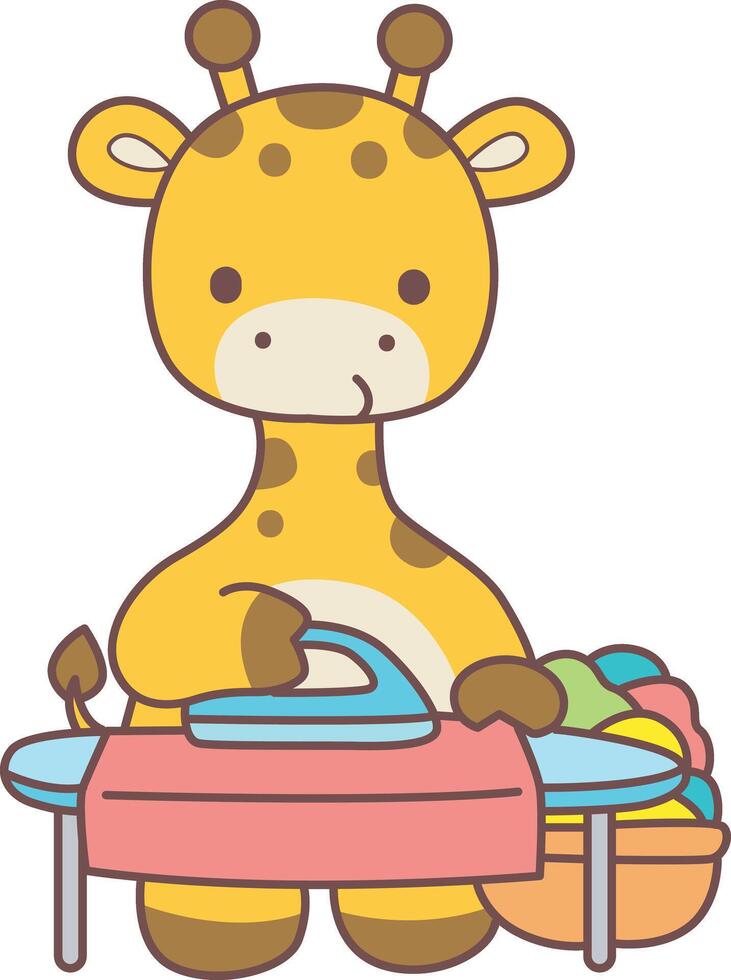 A giraffe ironing the clothes. Set Stock Illustrations Isolated of Baby Giraffe. Cute giraffe animals with various activities. Funny sticker of Giraffe animal kids. vector