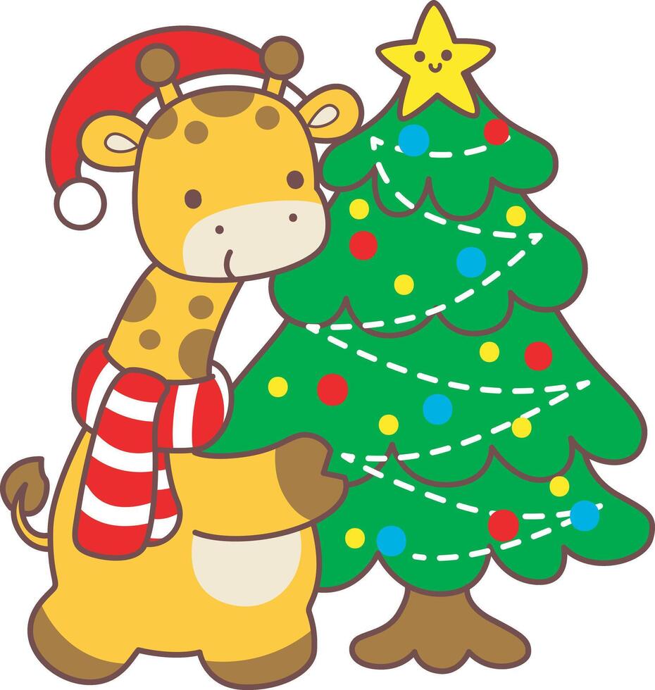 A baby giraffe hugging a christmas tree. Set Christmas Stock Illustrations of Baby Giraffe. Cute giraffe animals with christmas theme. vector