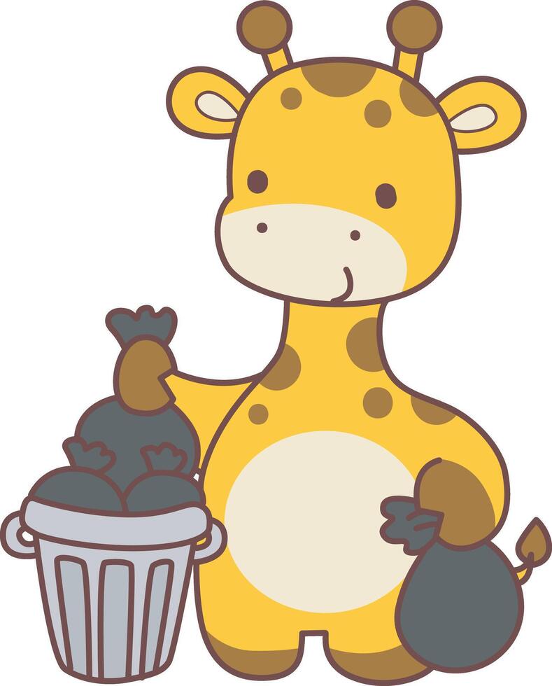 A giraffe throw the garbage in the trash. Set Stock Illustrations Isolated of Baby Giraffe. Cute giraffe animals with various activities. Funny sticker of Giraffe animal kids. vector