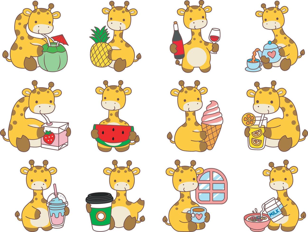 Variation drink and fruit of giraffe. Set Stock Illustrations Isolated of Baby Giraffe. Cute giraffe animals with various activities. vector