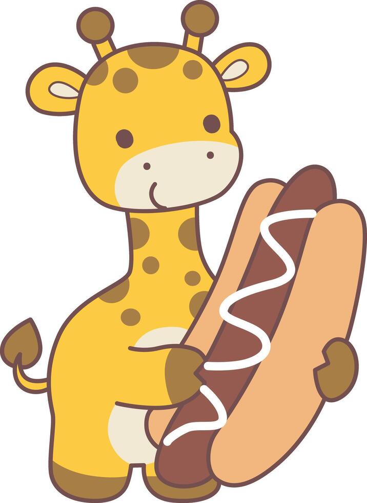A giraffe want to eating hot dog. Set Stock Illustrations Isolated of Baby Giraffe. Cute giraffe animals with various activities. vector