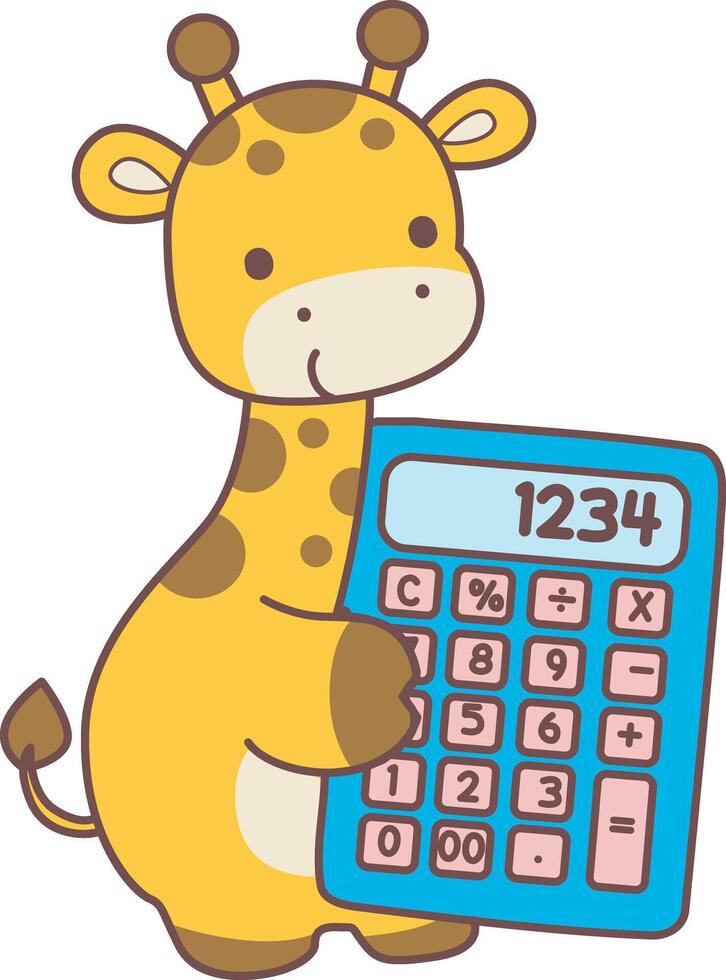 A giraffe bring a calculator. Set Stock Illustrations Isolated of Baby Giraffe. Cute giraffe animals with various activities. vector