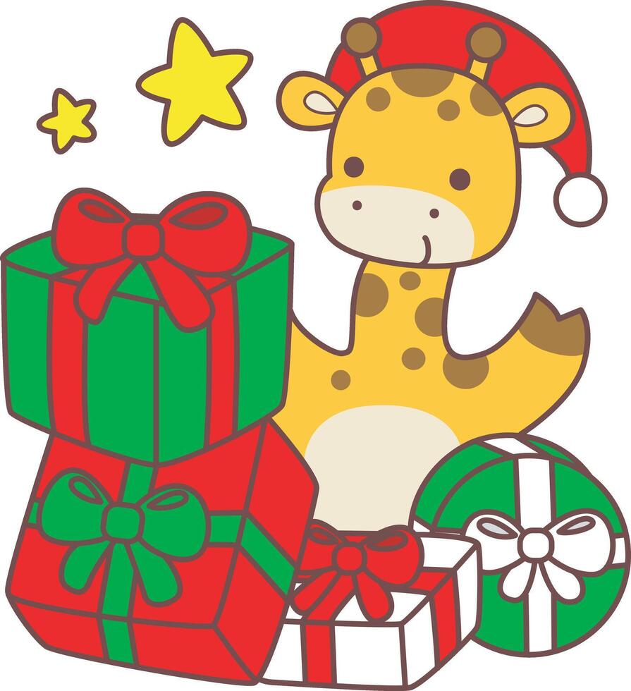 A giraffe with a lot of gifts. Set Christmas Stock Illustrations of Baby Giraffe. Cute giraffe animals with christmas theme. vector