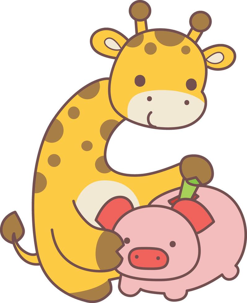A giraffe saving money in the piggy bank. Set Stock Illustrations Isolated of Baby Giraffe. Cute giraffe animals with various activities. vector