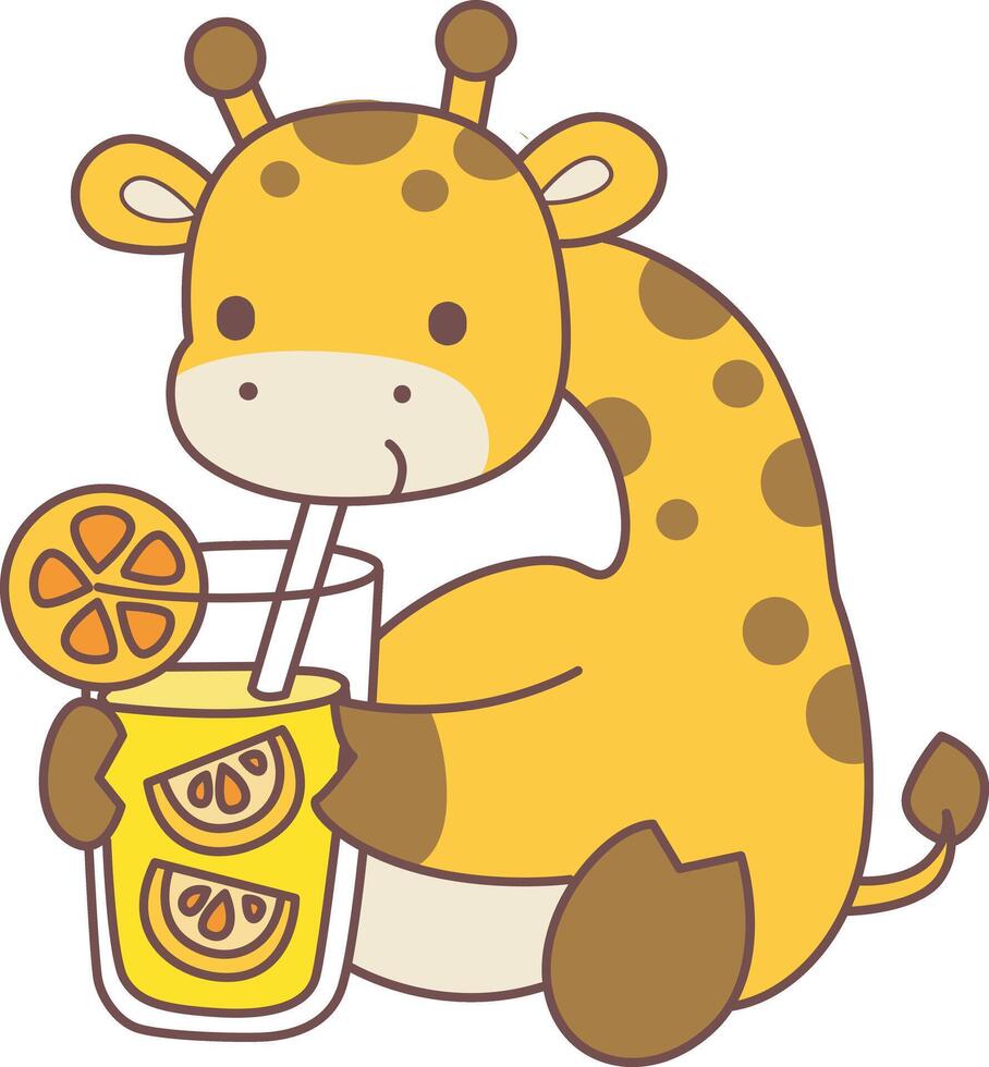 A giraffe drinking an orange juice. Set Stock Illustrations Isolated of Baby Giraffe. Cute giraffe animals with various activities. vector