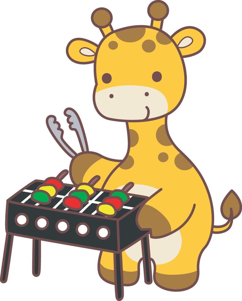 A giraffe cooking a barbecue. Set Stock Illustrations Isolated of Baby Giraffe. Cute giraffe animals with various activities. vector