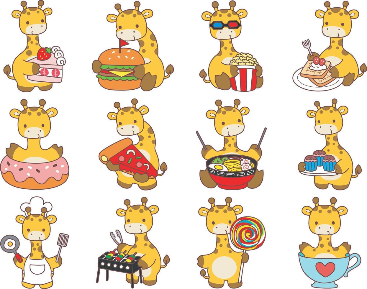 A giraffe in the variation of culinary food. Set Stock Illustrations Isolated of Baby Giraffe. Cute giraffe animals with various activities. vector