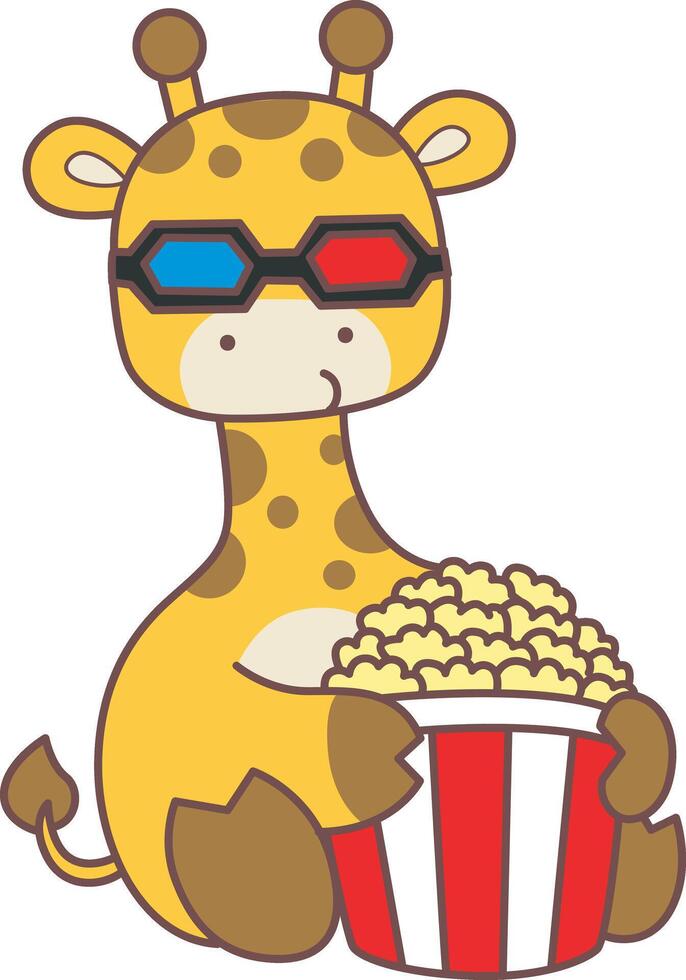 A giraffe eating a popcorn. Set Stock Illustrations Isolated of Baby Giraffe. Cute giraffe animals with various activities. vector