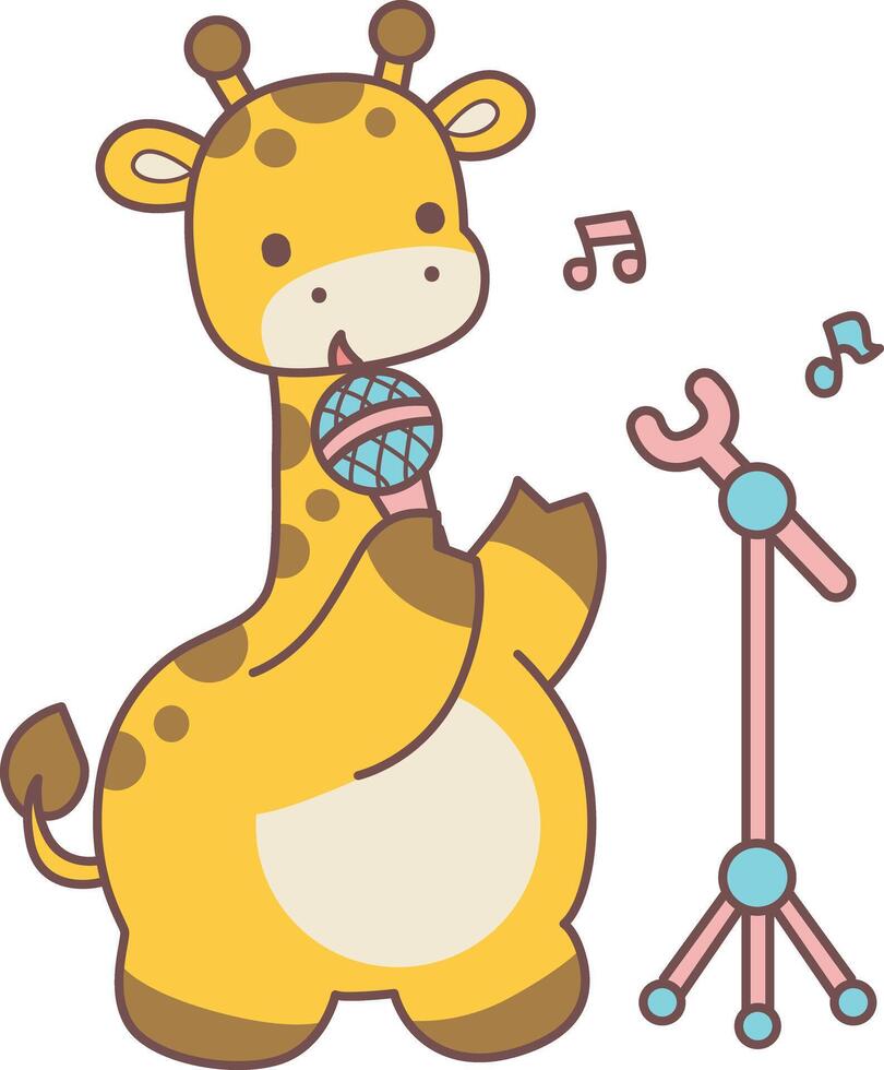A cute giraffe sing a song with microphone. Set Stock Illustrations Isolated of Baby Giraffe. Cute giraffe animals with various activities. vector
