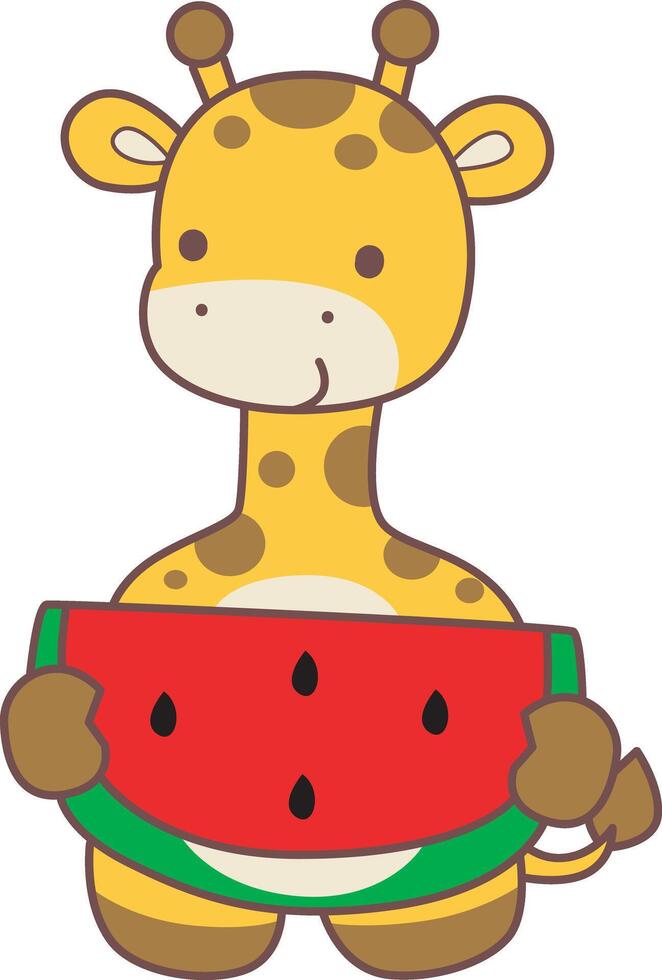 A baby giraffe bring a watermelon. Set Stock Illustrations Isolated of Baby Giraffe. Cute giraffe animals with various activities. vector
