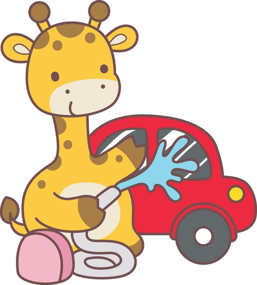A giraffe cleaning the car with water and soap. Set Stock Illustrations Isolated of Baby Giraffe. Cute giraffe animals with various activities. Funny sticker of Giraffe animal kids. vector
