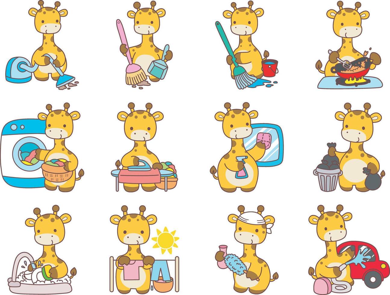 A variation of giraffe do chores and laundry. Set Stock Illustrations Isolated of Baby Giraffe. Cute giraffe animals with various activities. Funny sticker of Giraffe animal kids. vector