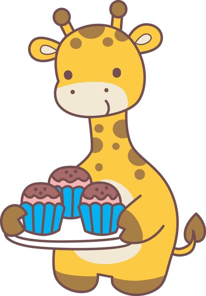A giraffe bring a three cupcakes. Set Stock Illustrations Isolated of Baby Giraffe. Cute giraffe animals with various activities. vector