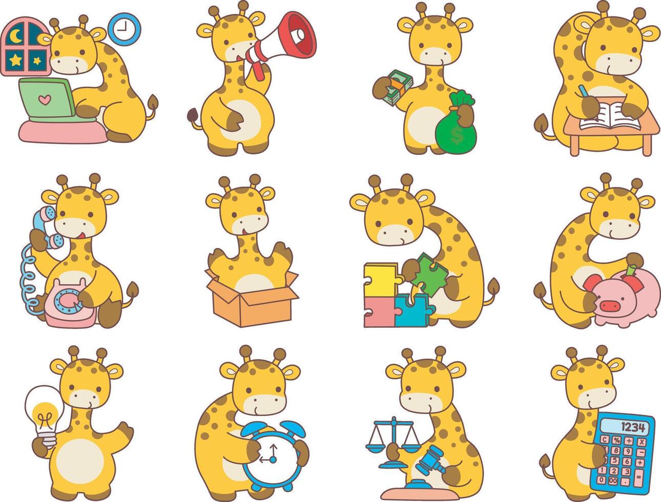 Variation of education activities of giraffe. Set Stock Illustrations Isolated of Baby Giraffe. Cute giraffe animals with various activities. vector