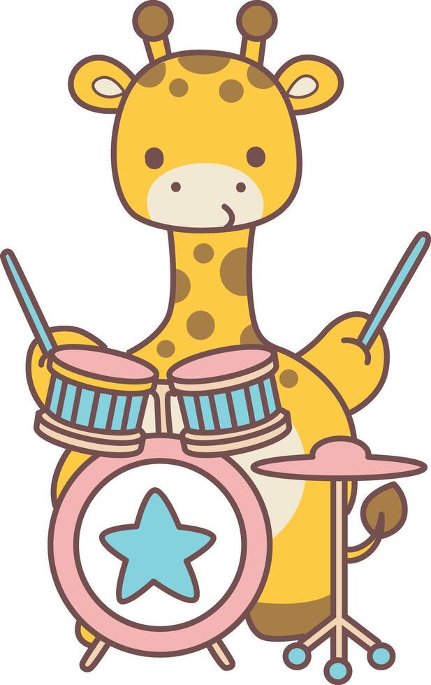 A baby giraffe plaing a drum in the band. Set Stock Illustrations Isolated of Baby Giraffe. Cute giraffe animals with various activities. vector