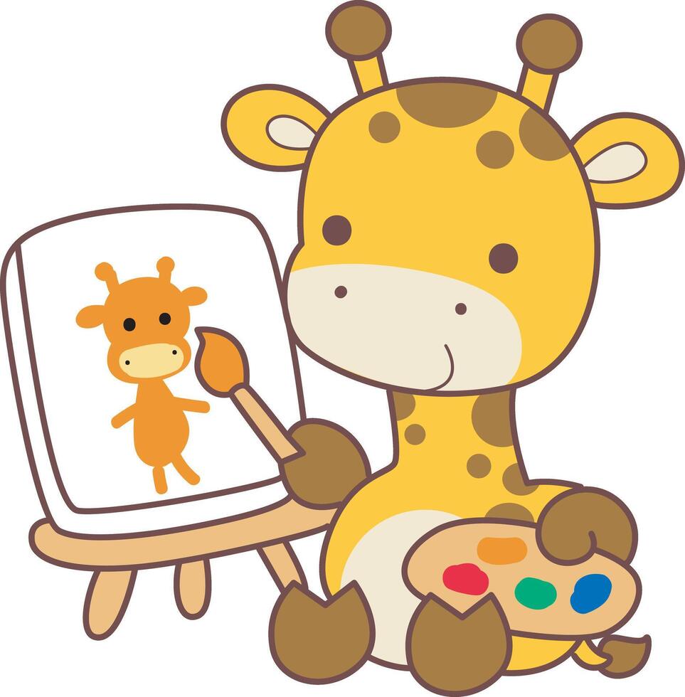 A bab giraffe painting with brush. Set Stock Illustrations Isolated of Baby Giraffe. Cute giraffe animals with various activities. vector