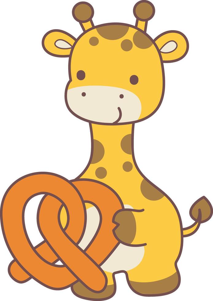 A giraffe bring a pretzel. Set Stock Illustrations Isolated of Baby Giraffe. Cute giraffe animals with various activities. vector