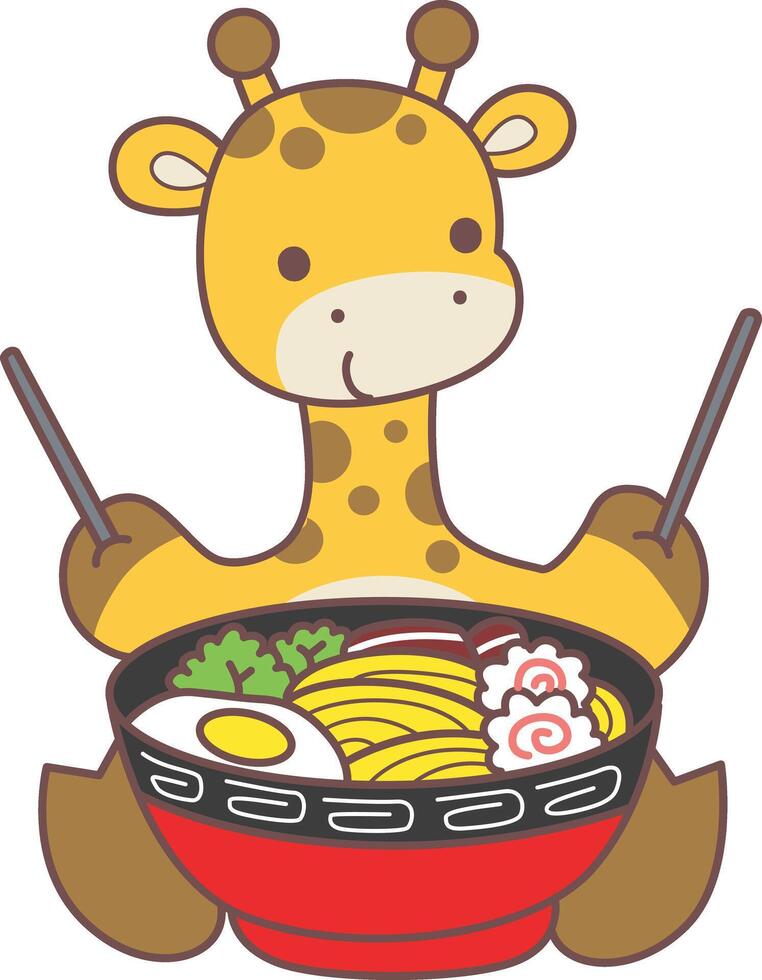 A giraffe want to eating ramen. Set Stock Illustrations Isolated of Baby Giraffe. Cute giraffe animals with various activities. vector