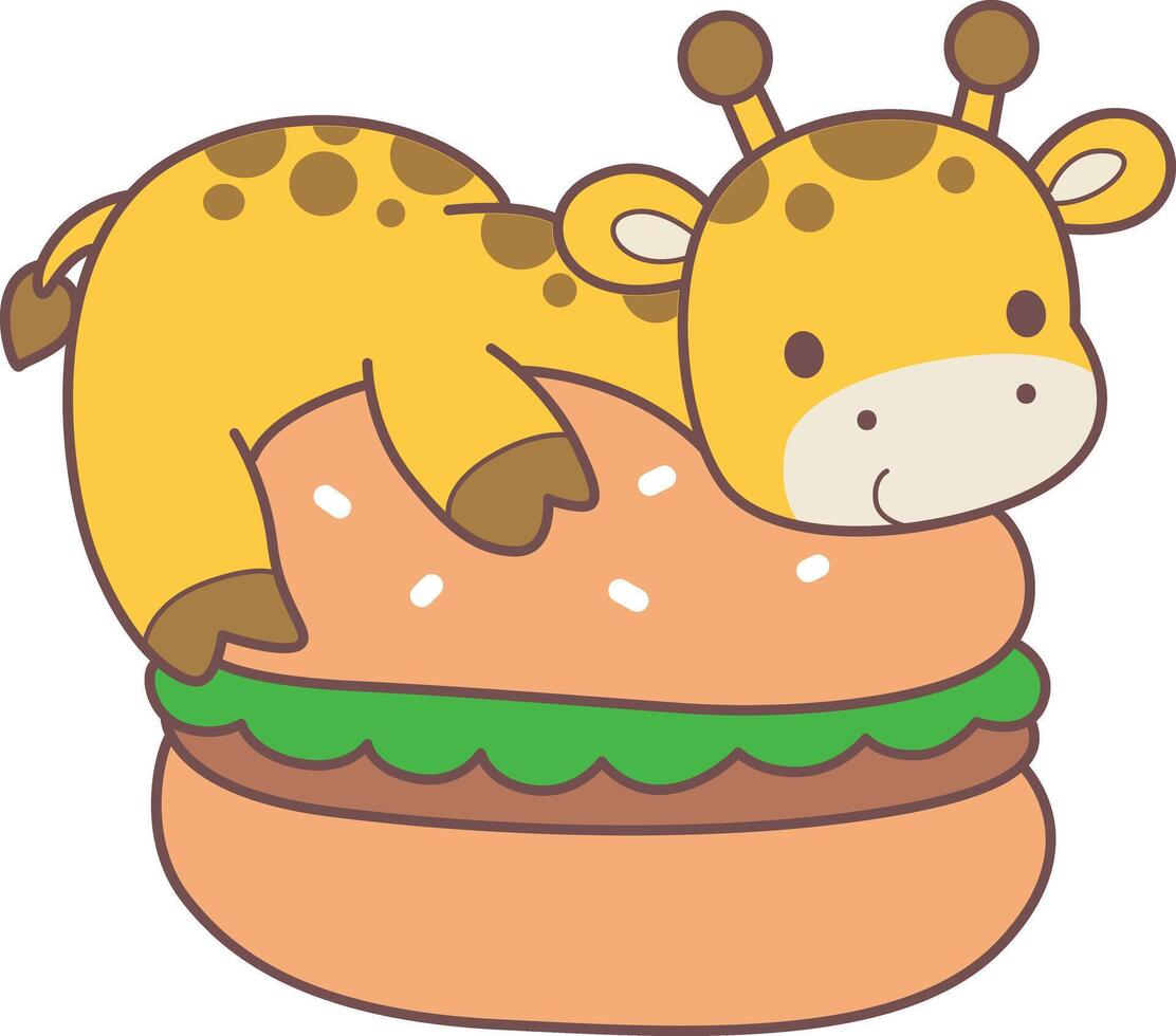 A giraffe lay in the big burger. Set Stock Illustrations Isolated of Baby Giraffe. Cute giraffe animals with various activities. vector