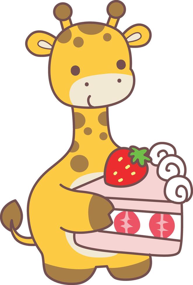 A giraffe bring a strawberry cake. Set Stock Illustrations Isolated of Baby Giraffe. Cute giraffe animals with various activities. vector