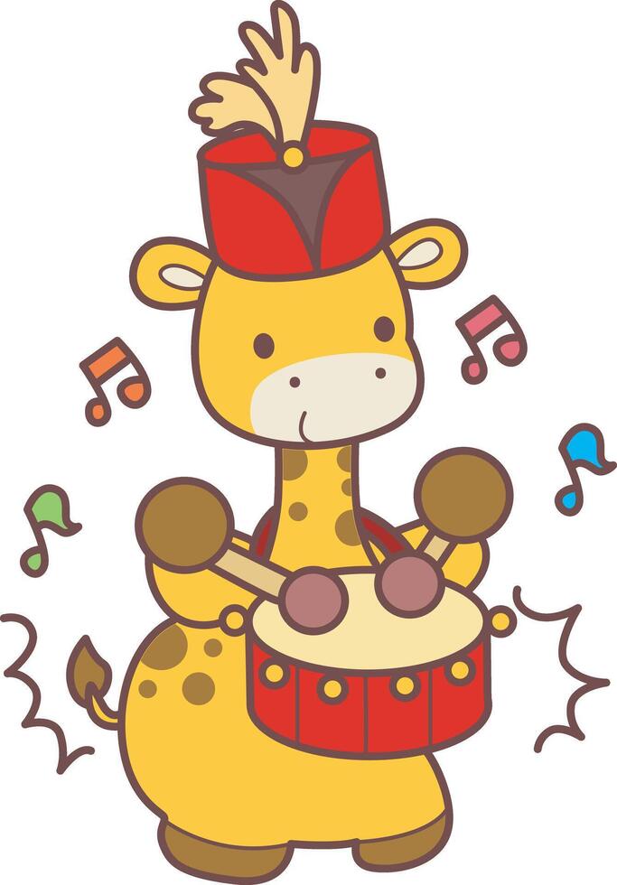 A giraffe wearing a carnival costume and playing a drum. Set Stock Illustrations Isolated of Baby Giraffe. Cute giraffe animals with various activities. vector
