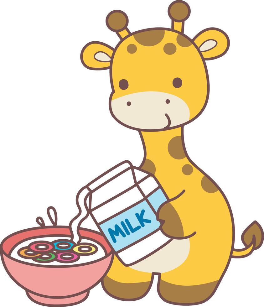 A baby giraffe want to breakfast with cereal. Set Stock Illustrations Isolated of Baby Giraffe. Cute giraffe animals with various activities. vector