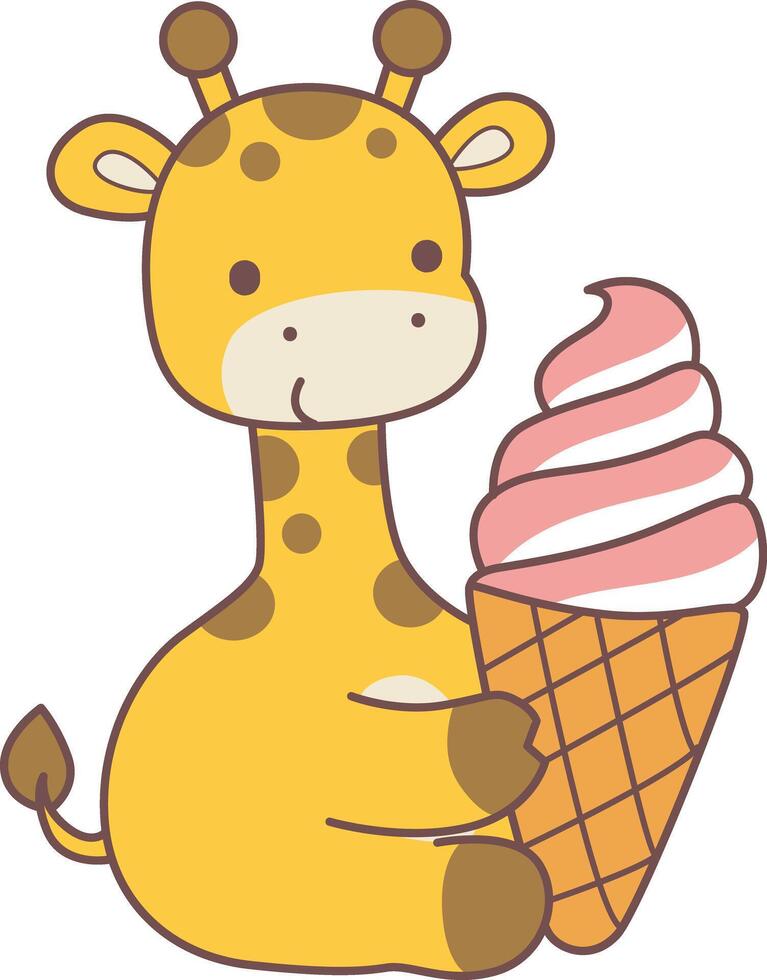 A giraffe bring a strawberry ice cream. Set Stock Illustrations Isolated of Baby Giraffe. Cute giraffe animals with various activities. vector