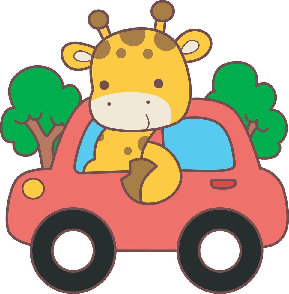 A baby giraffe driving a car in the road. Set Stock Illustrations Isolated of Baby Giraffe. Cute giraffe animals with various activities. vector